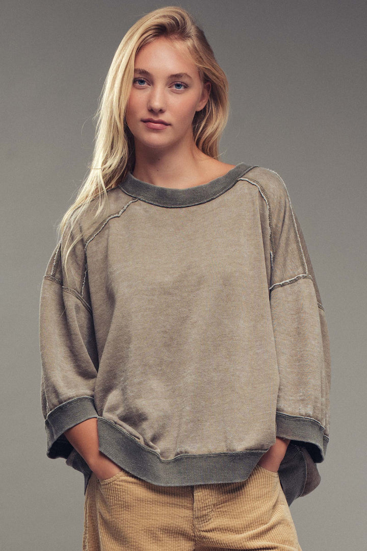 relaxed drop shoulder oversized pullover top - mocha mousse