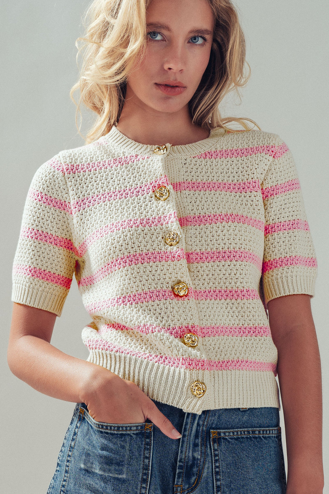 button knit cardigan - pink