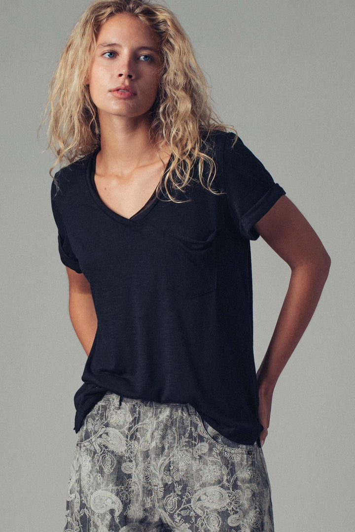 sale relaxed v neck short sleeve slub top - black (additional view)