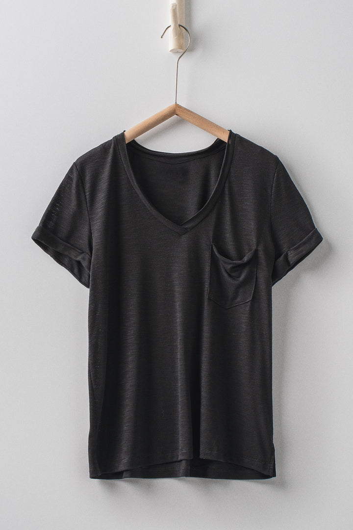 sale relaxed v neck short sleeve slub top - black (additional view)