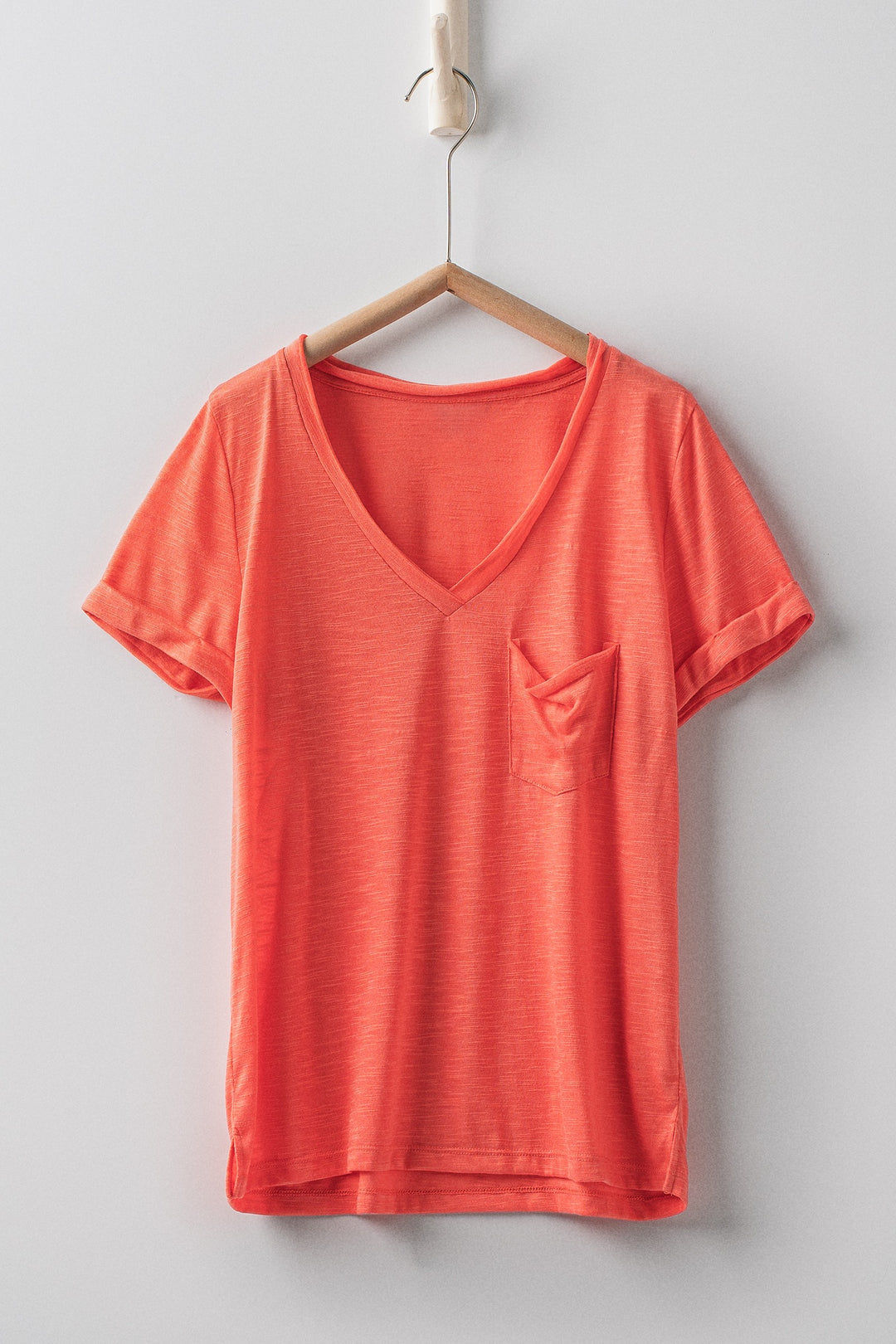 sale relaxed v neck short sleeve slub top - coral