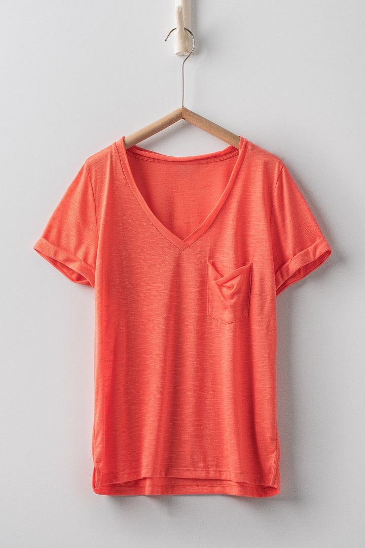 sale relaxed v neck short sleeve slub top - coral