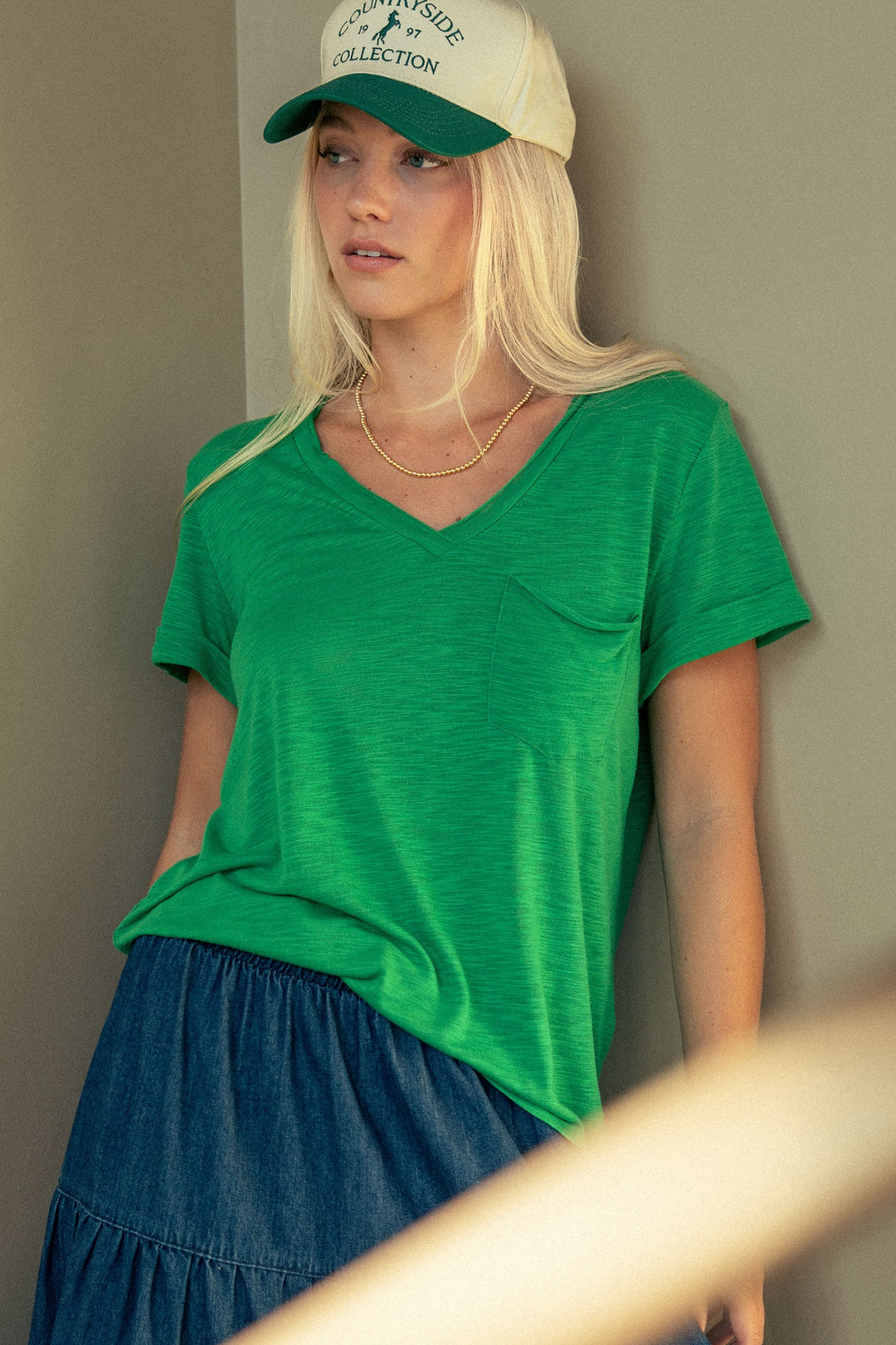 sale relaxed v neck short sleeve slub top - green
