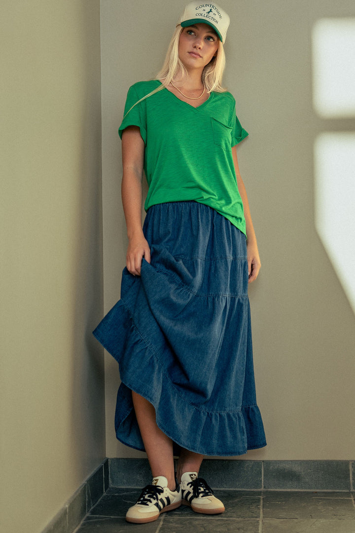 sale relaxed v neck short sleeve slub top - green (additional view)