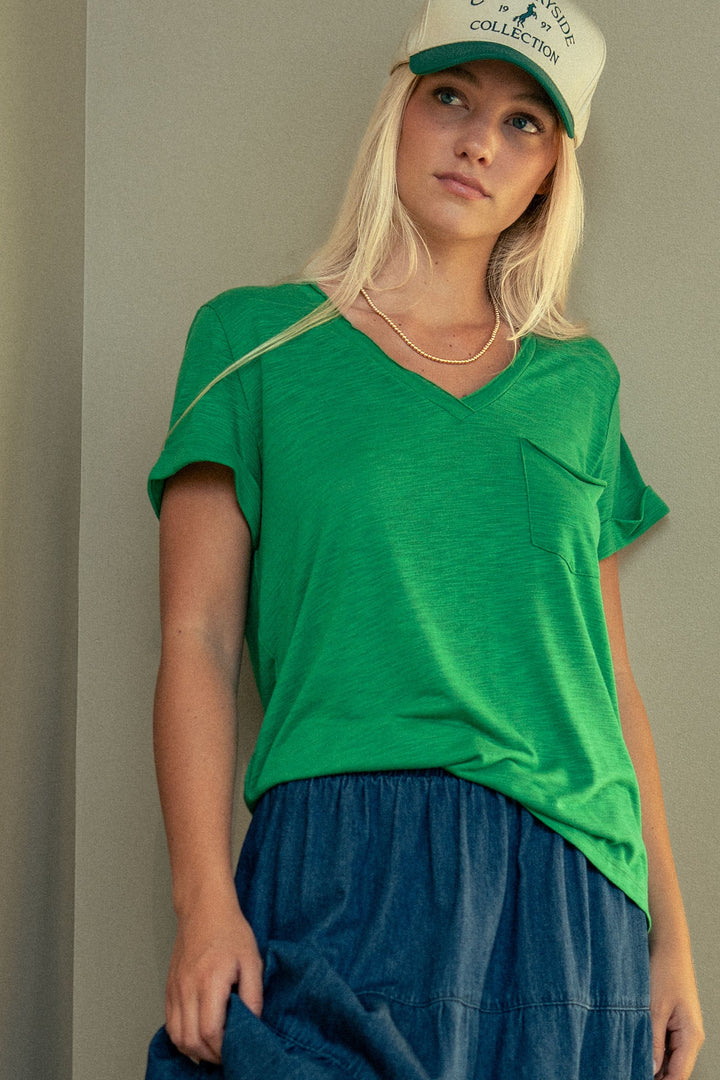 sale relaxed v neck short sleeve slub top - green (additional view)