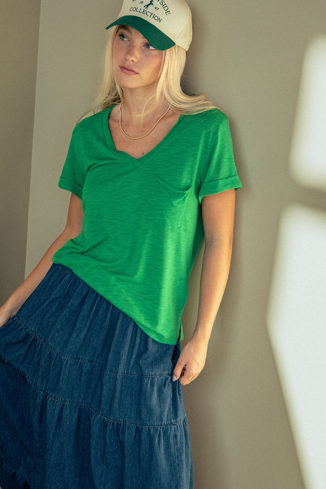 sale relaxed v neck short sleeve slub top - green (additional view)