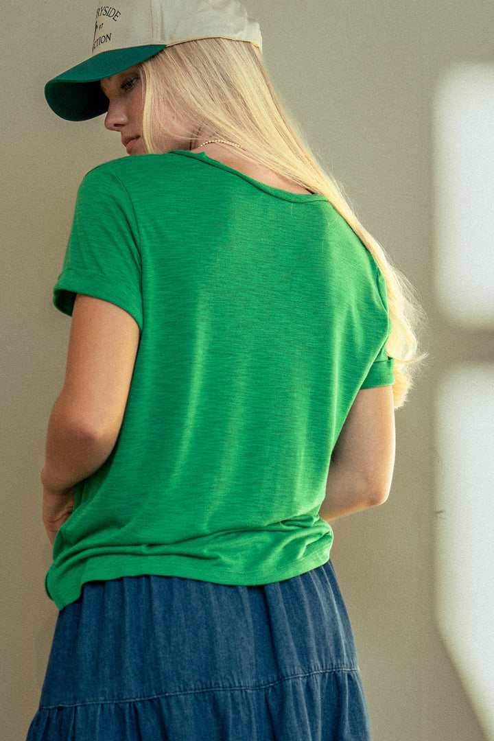 sale relaxed v neck short sleeve slub top - green (additional view)