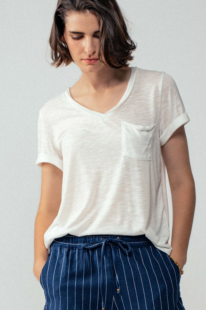 sale relaxed v neck short sleeve slub top - ivory (additional view)