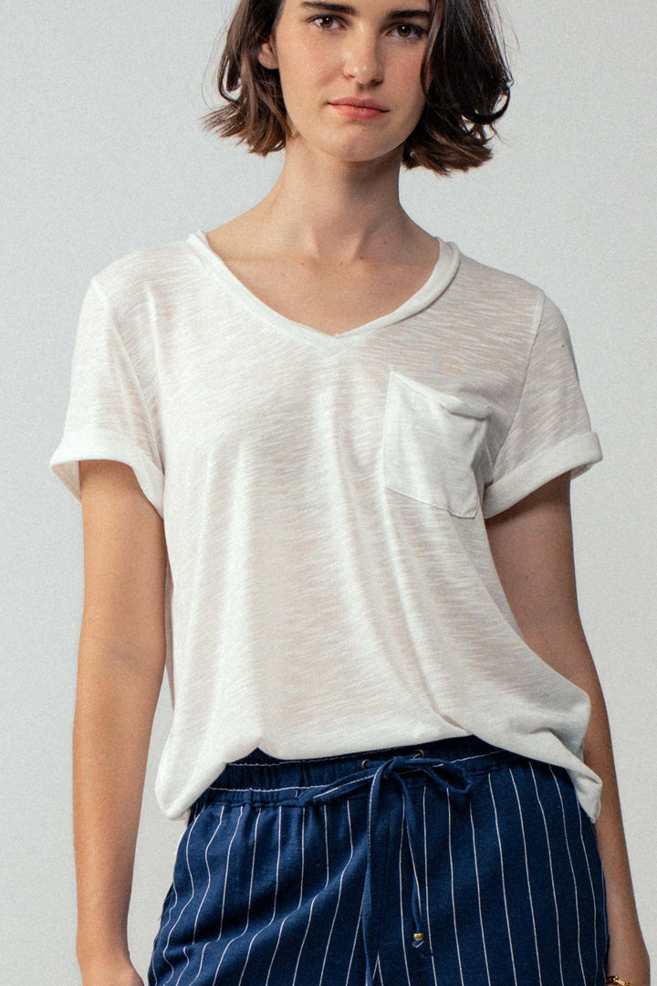 sale relaxed v neck short sleeve slub top - ivory (additional view)