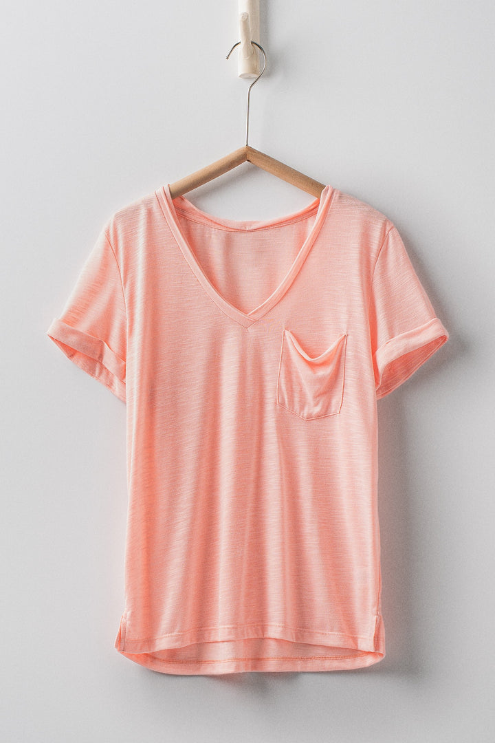 sale relaxed v neck short sleeve slub top - lt pink
