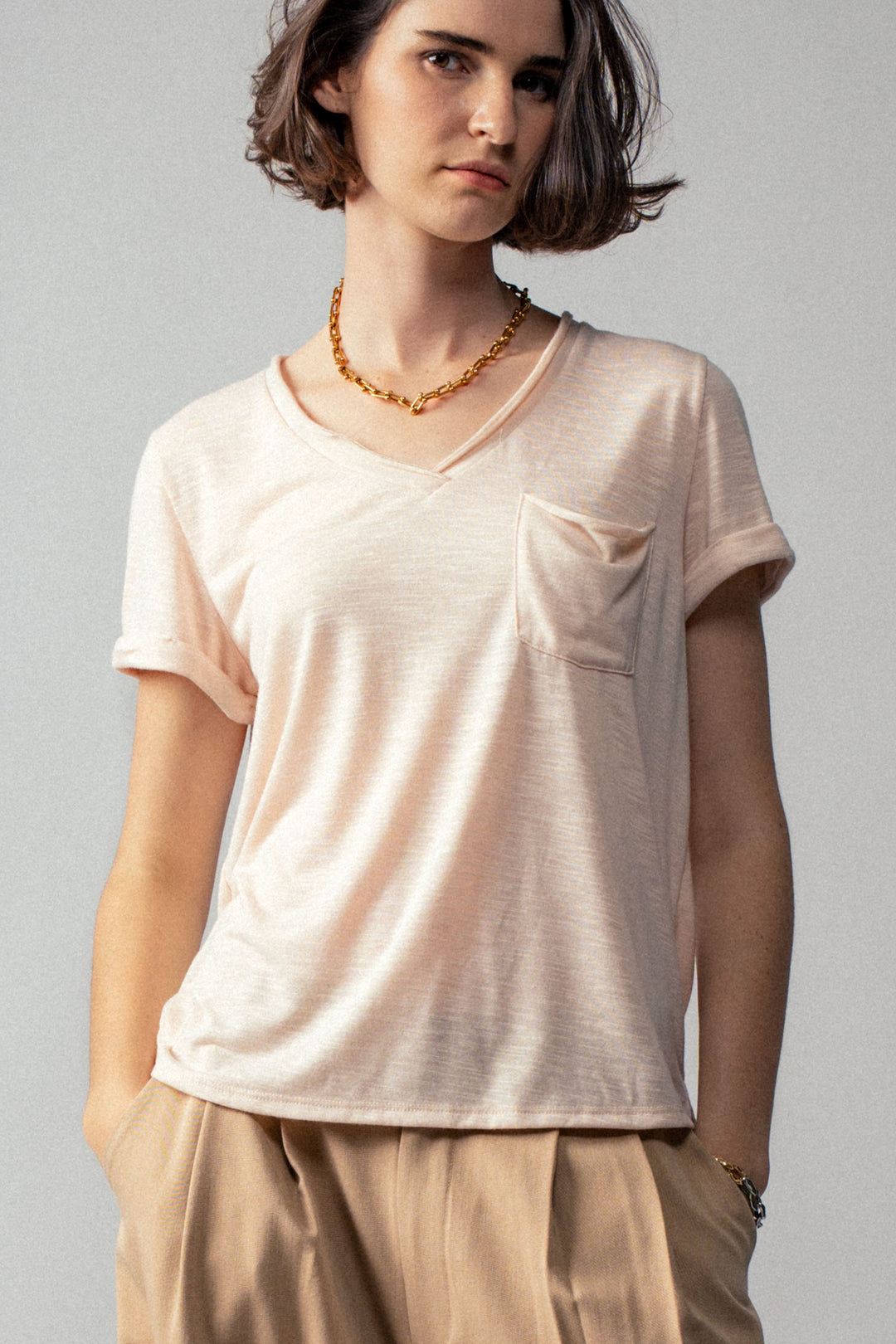 sale relaxed v neck short sleeve slub top - oatmeal (additional view)