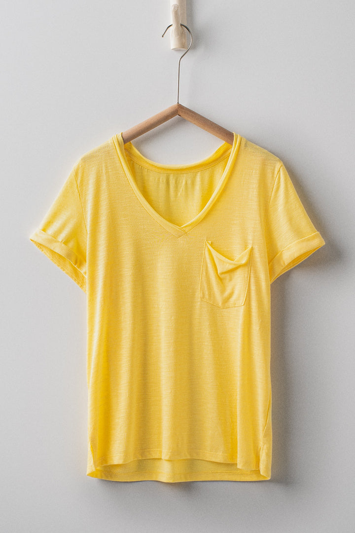 sale relaxed v neck short sleeve slub top - yellow