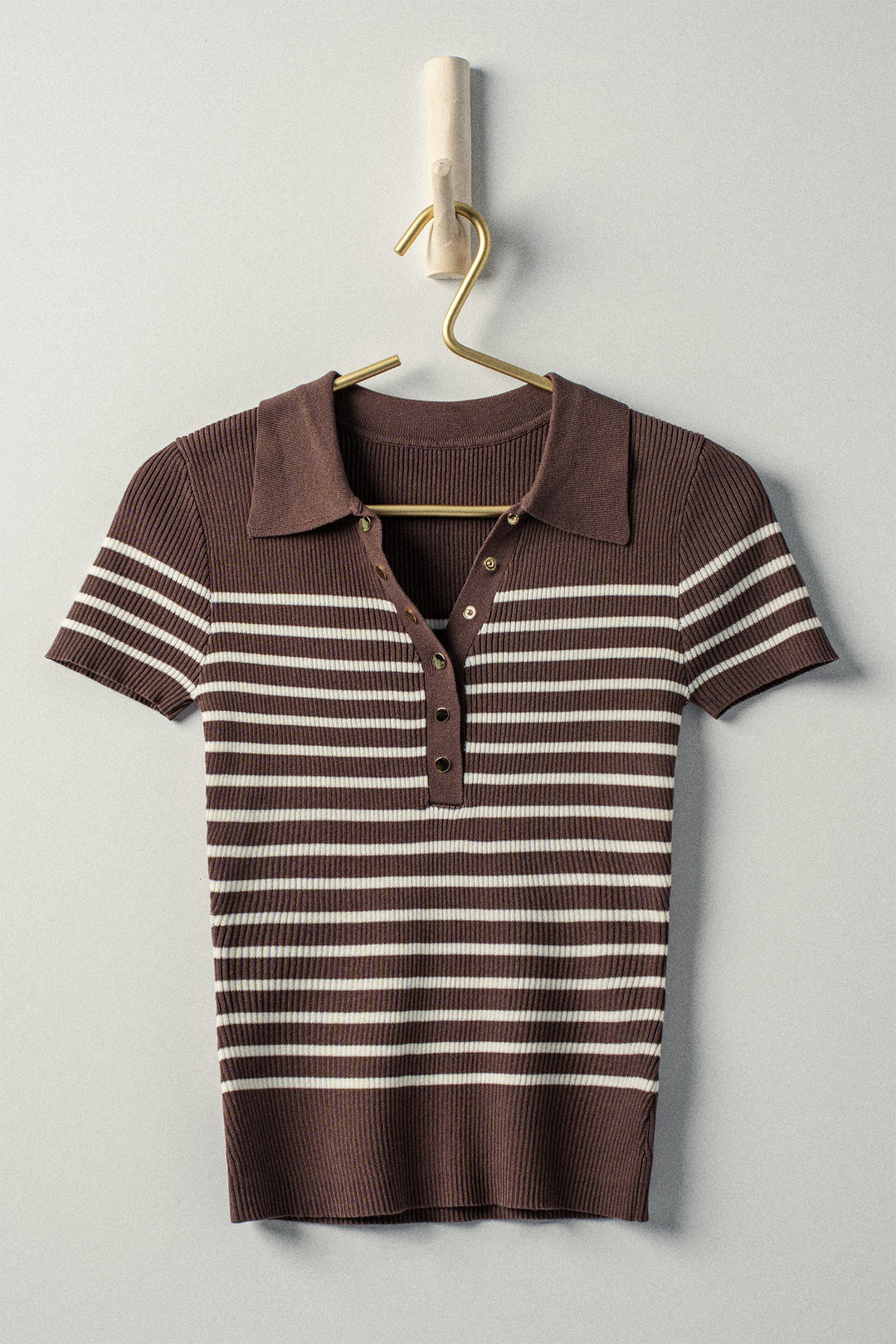 striped knit polo casual top - brown