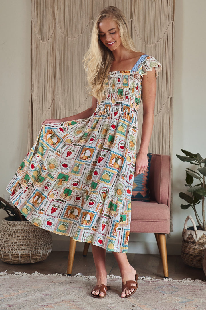 stamp smocked midi dress - ivory multi (additional view)