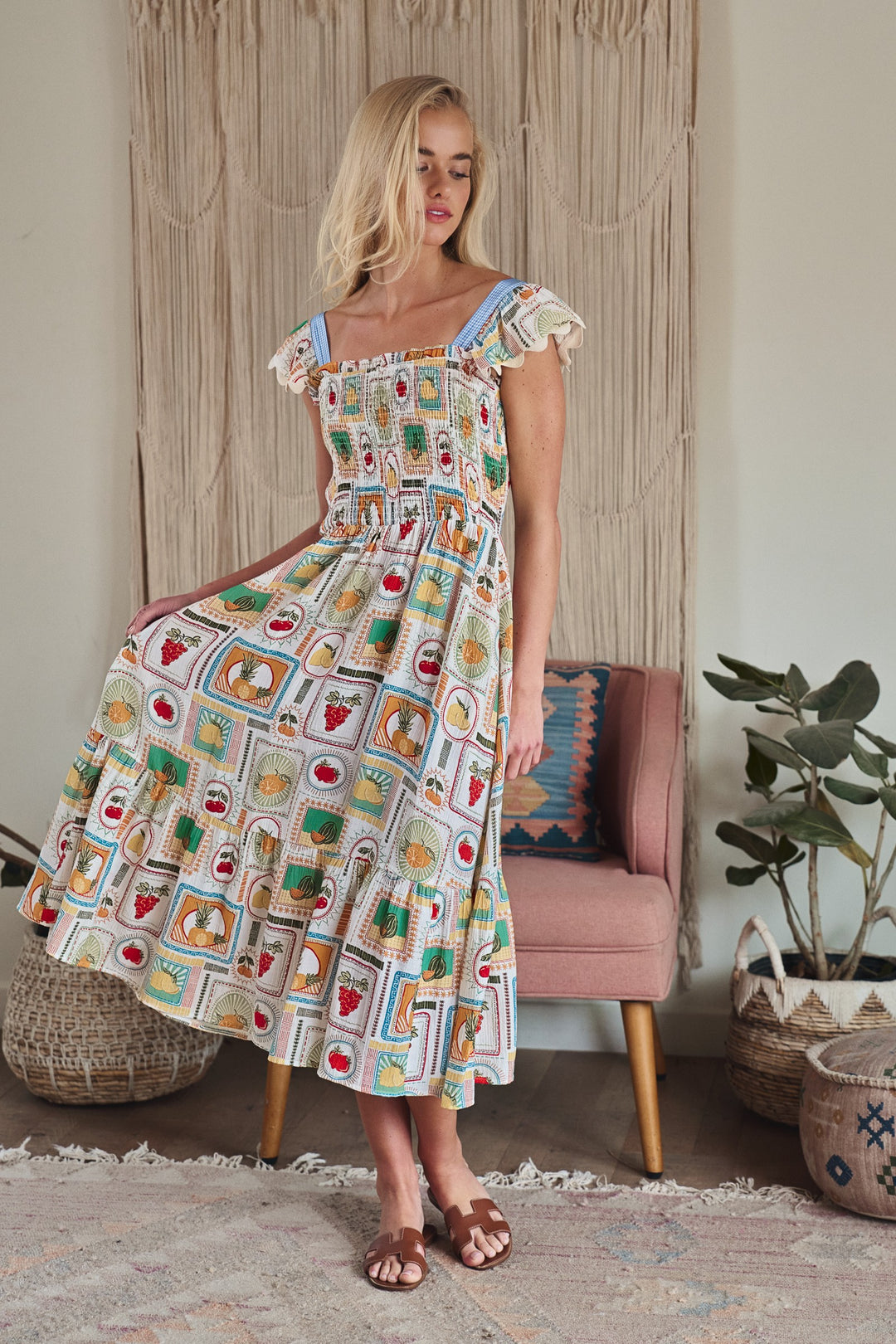 stamp smocked midi dress - ivory multi (additional view)