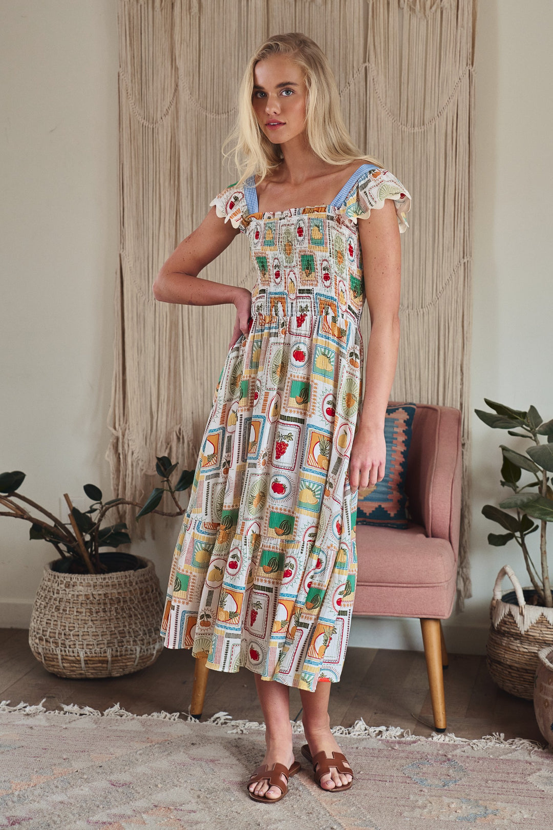 stamp smocked midi dress - ivory multi (additional view)