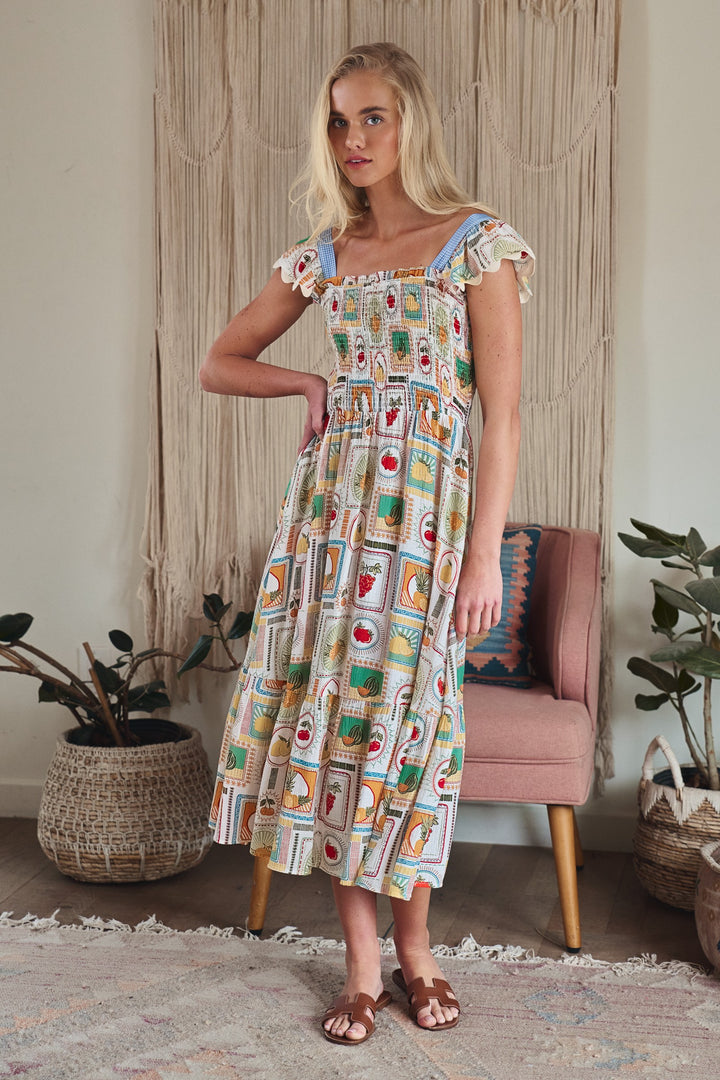 stamp smocked midi dress - ivory multi (additional view)
