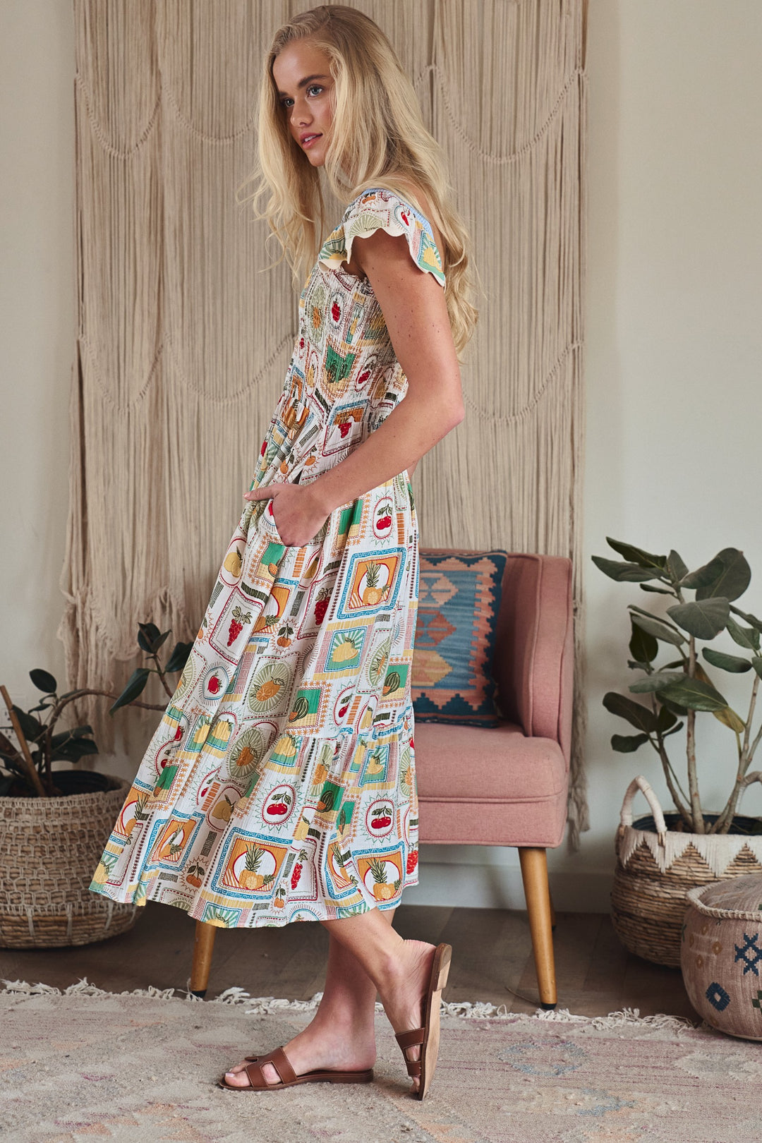 stamp smocked midi dress - ivory multi (additional view)