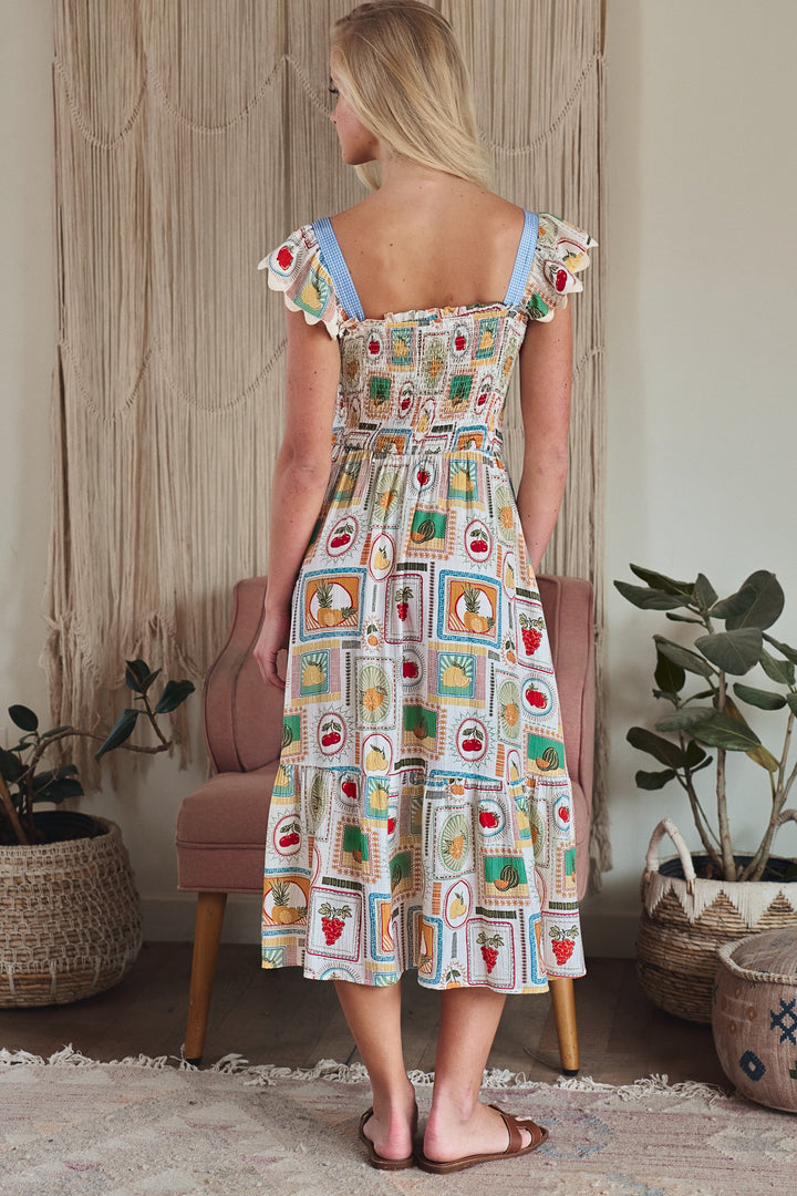 stamp smocked midi dress - ivory multi (additional view)