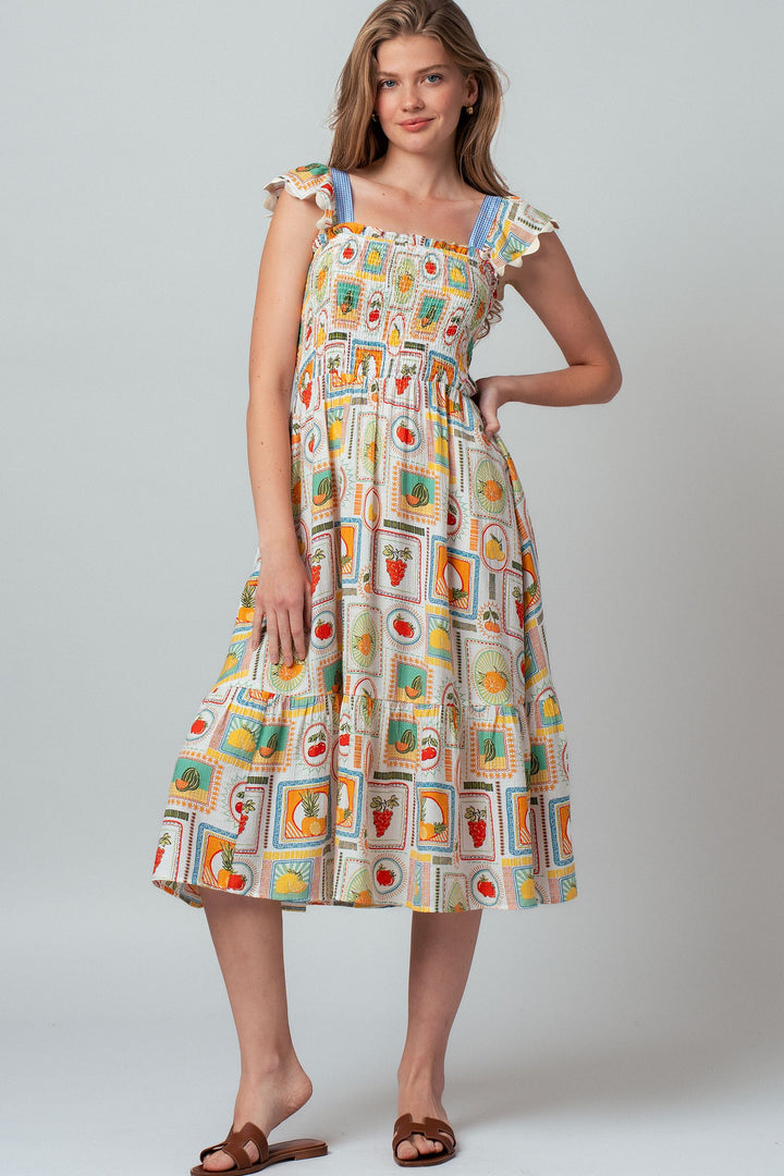 stamp smocked midi dress - ivory multi (additional view)