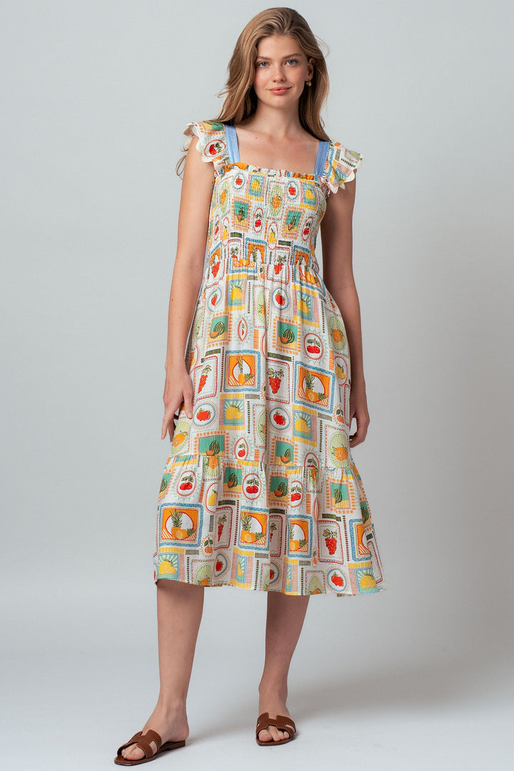 stamp smocked midi dress - ivory multi (additional view)