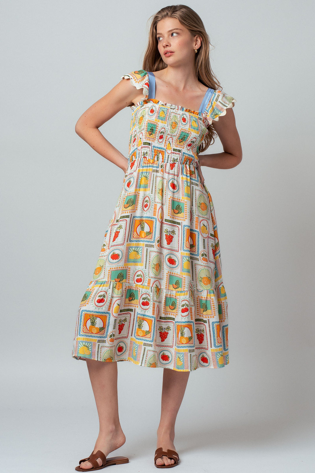 stamp smocked midi dress - ivory multi (additional view)