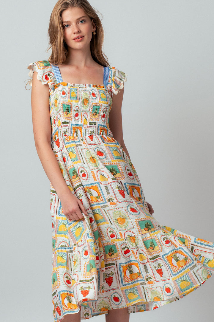 stamp smocked midi dress - ivory multi (additional view)