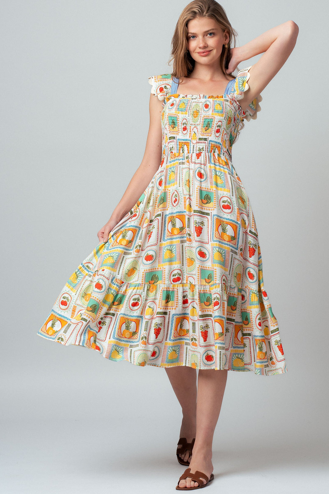 stamp smocked midi dress - ivory multi (additional view)