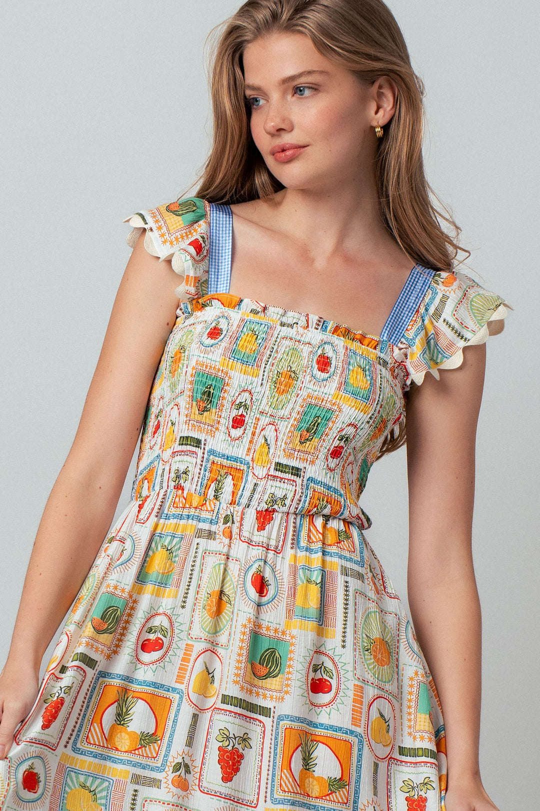 stamp smocked midi dress - ivory multi (additional view)