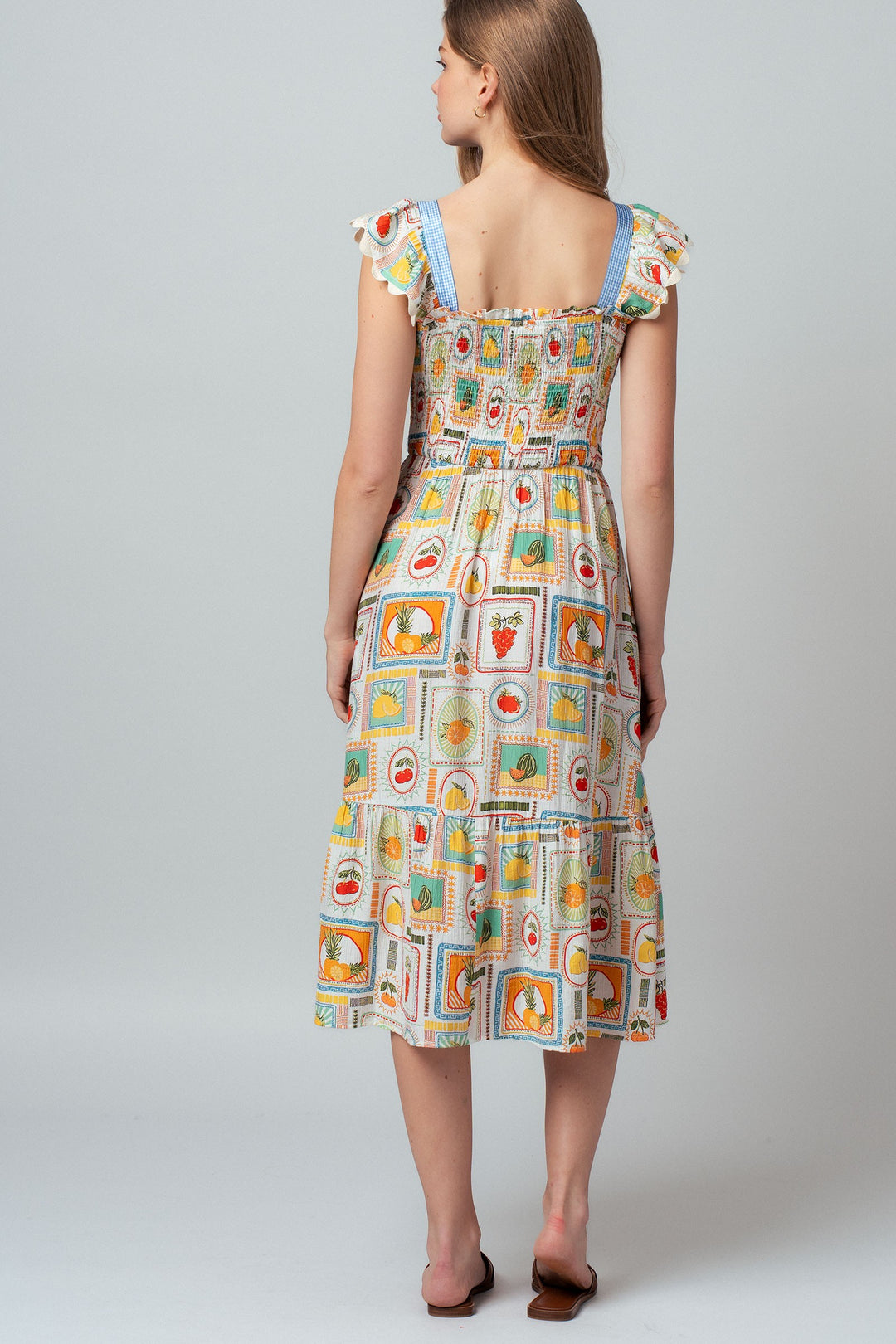 stamp smocked midi dress - ivory multi (additional view)