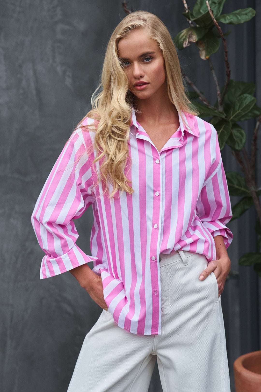 relaxed boho striped casual top - pink