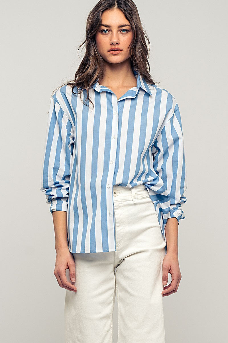 relaxed boho striped casual top - blue