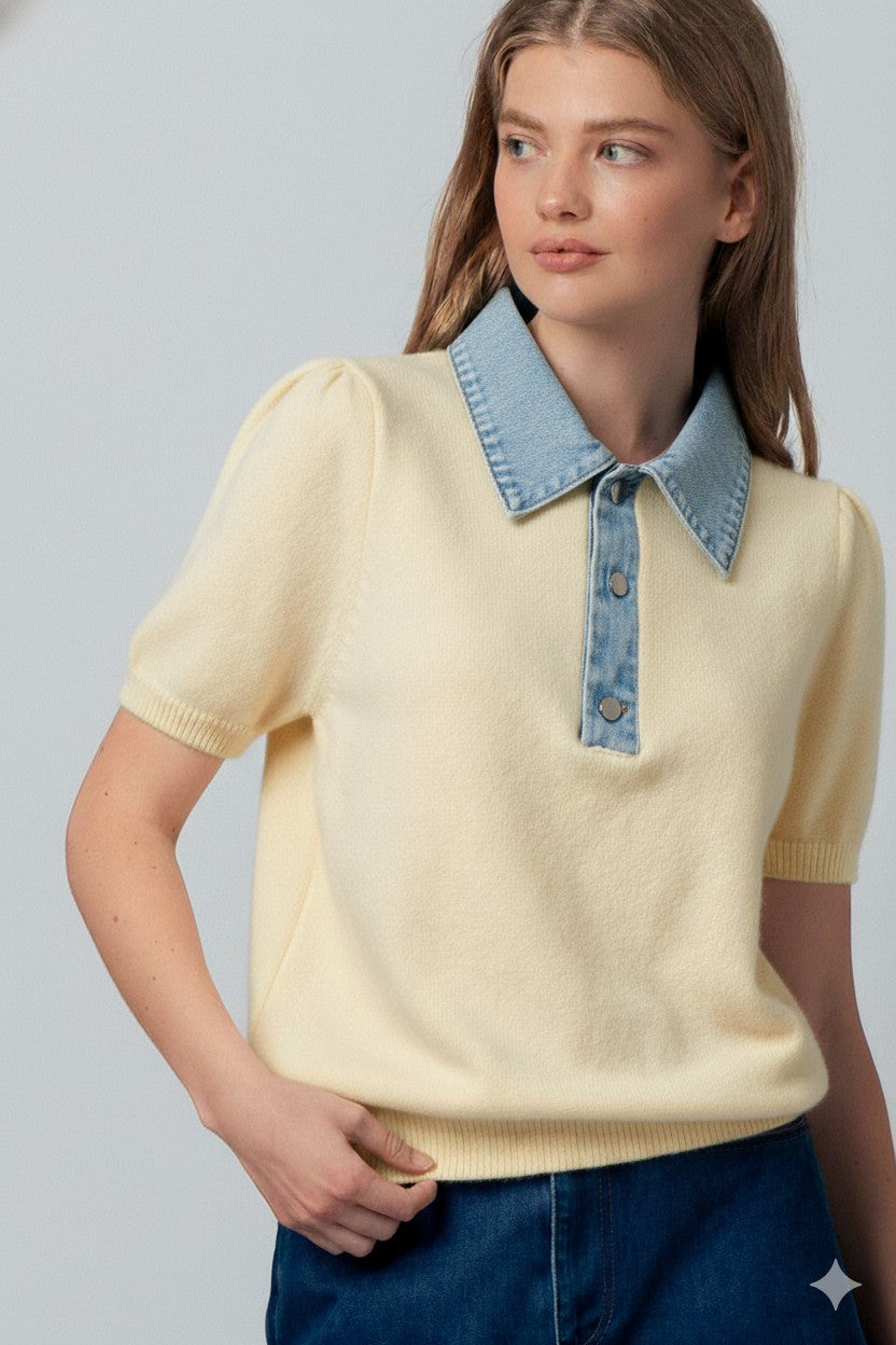 collar knit polo top - butter yellow