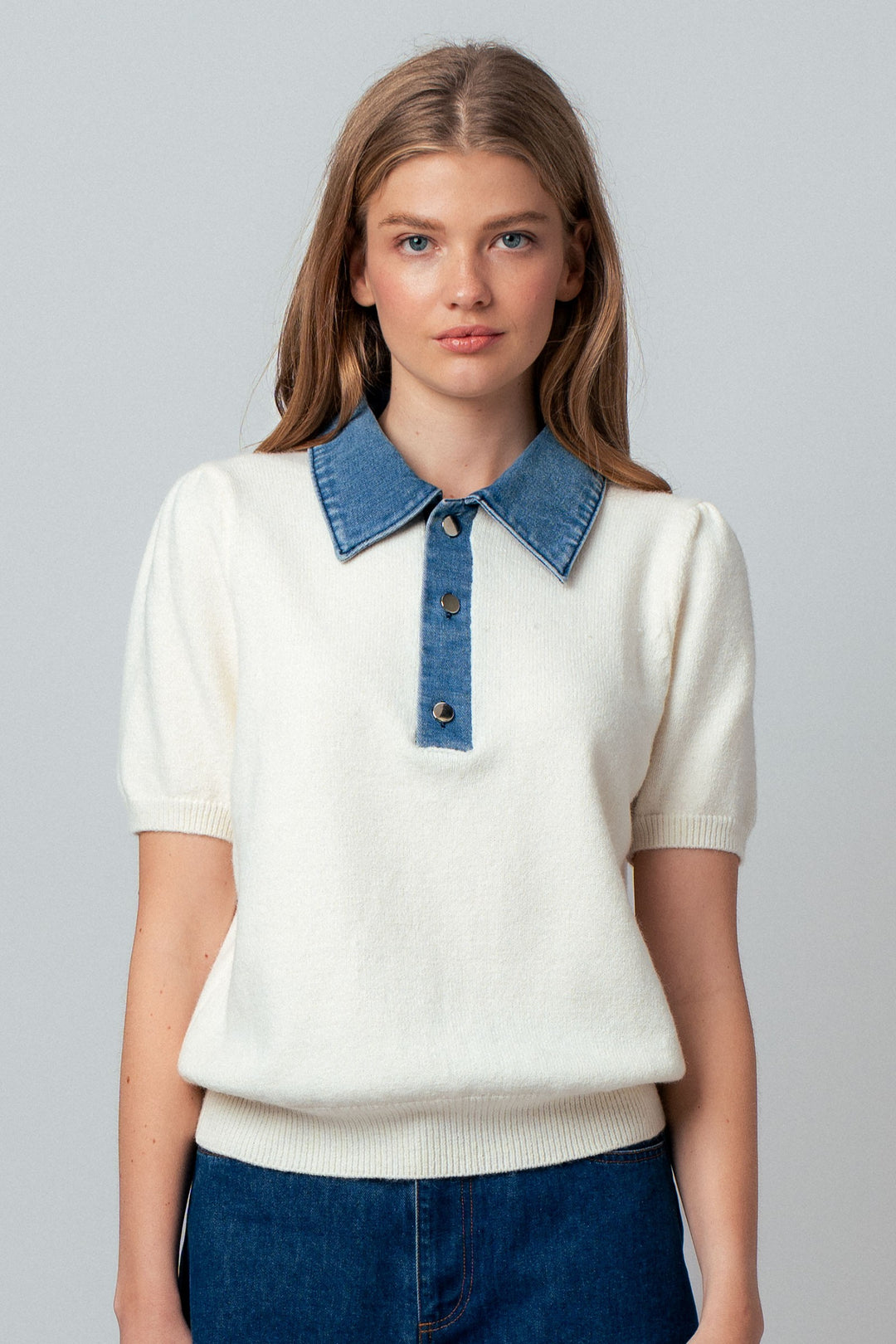 collar knit polo top - ivory blue