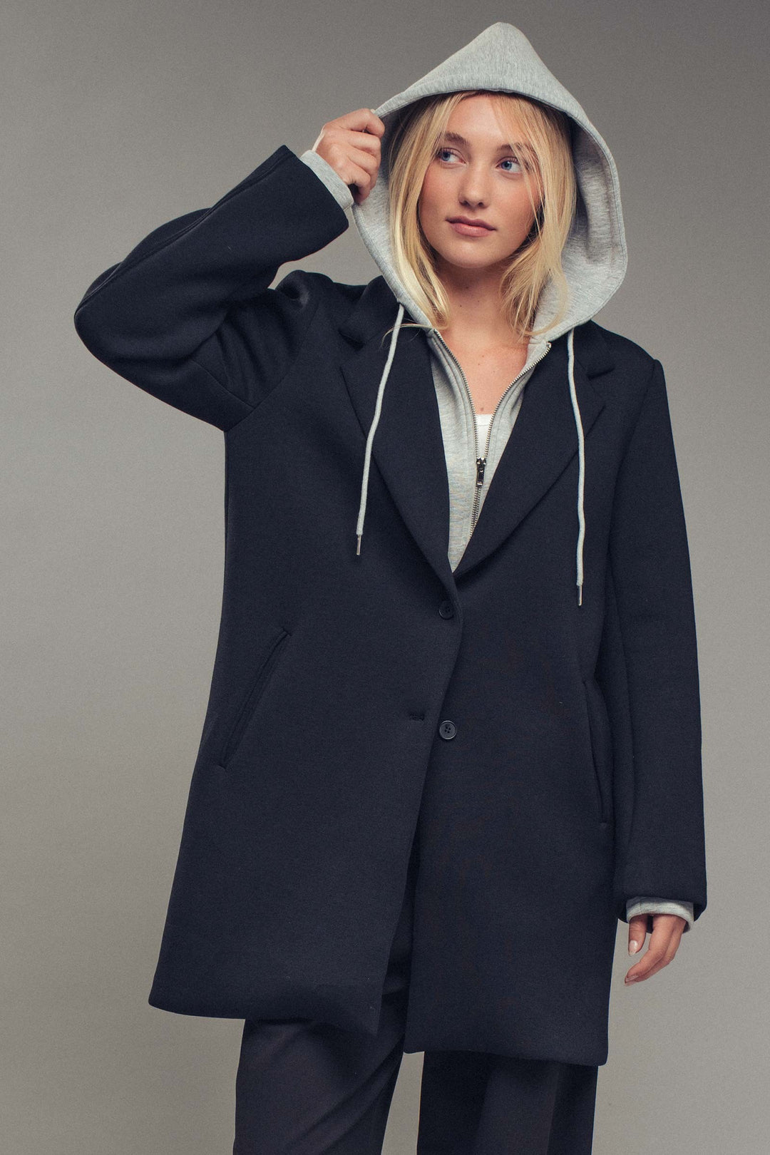 scuba topcoat with detachable hoodie - black