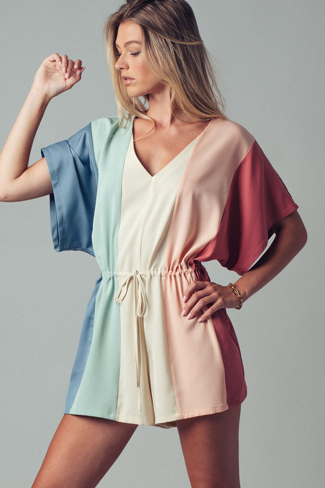 5s Colorblock Boho Romper With Drawstring Waist
