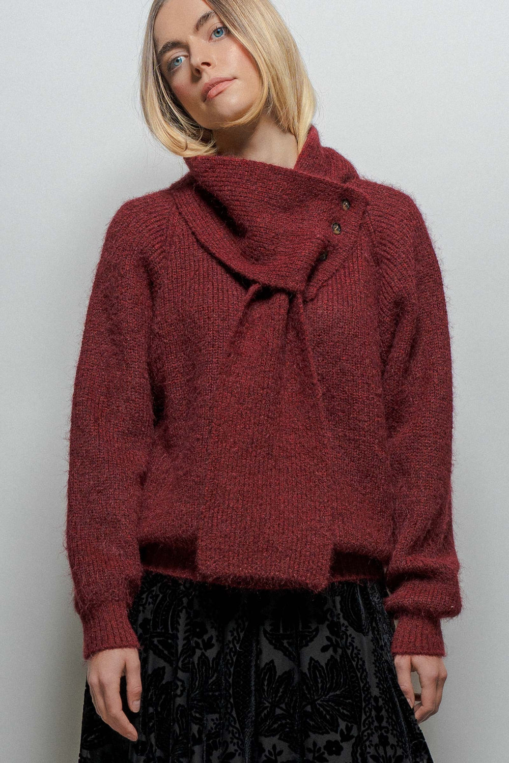detachable scarf button detail wool blend sweater - burgundy (additional view)