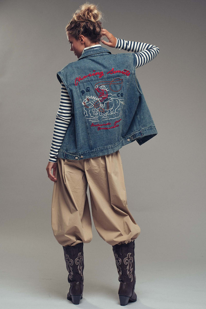 chasing sunset embroidered denim vest - denim blue (additional view)