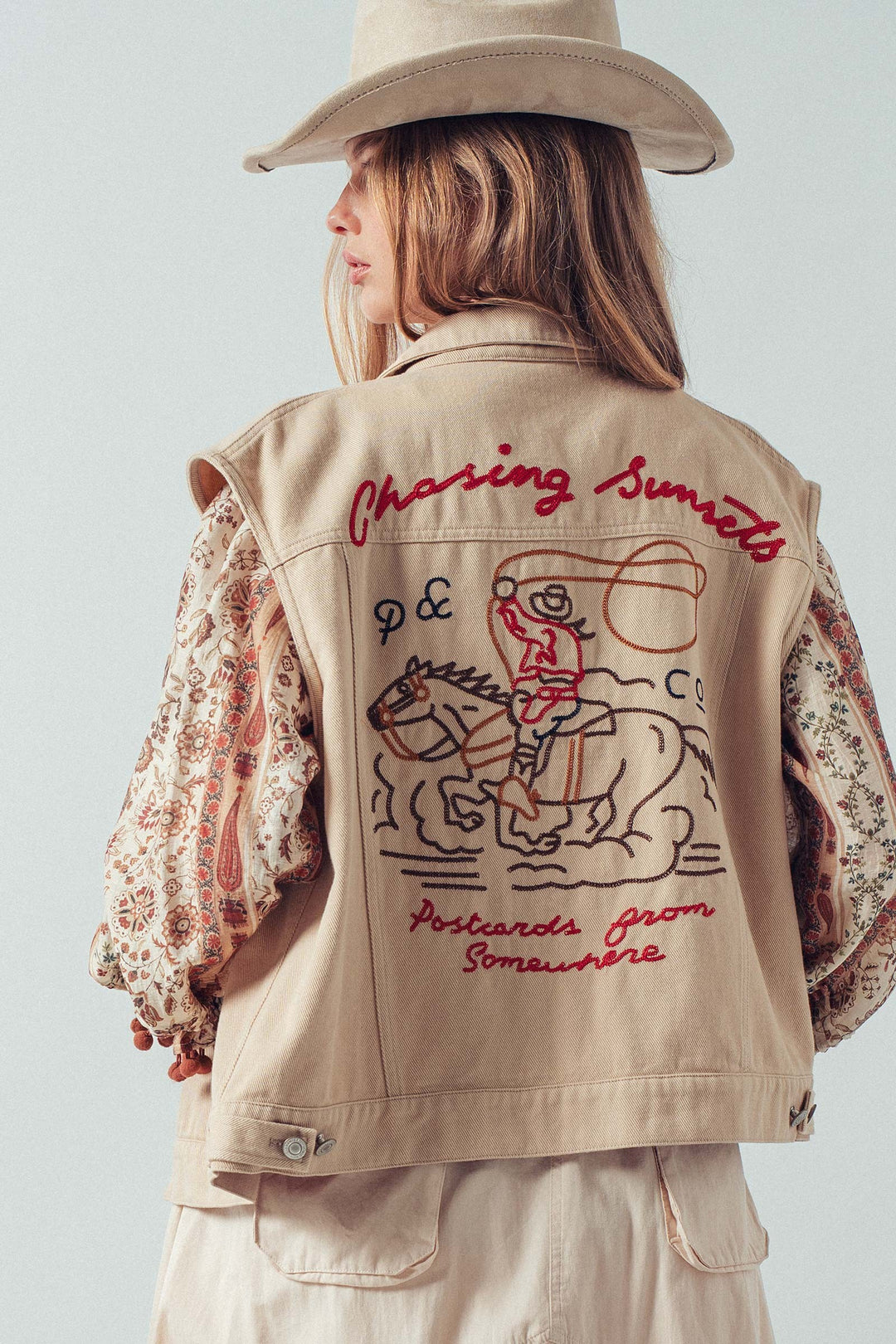 chasing sunset embroidered denim vest - oatmeal