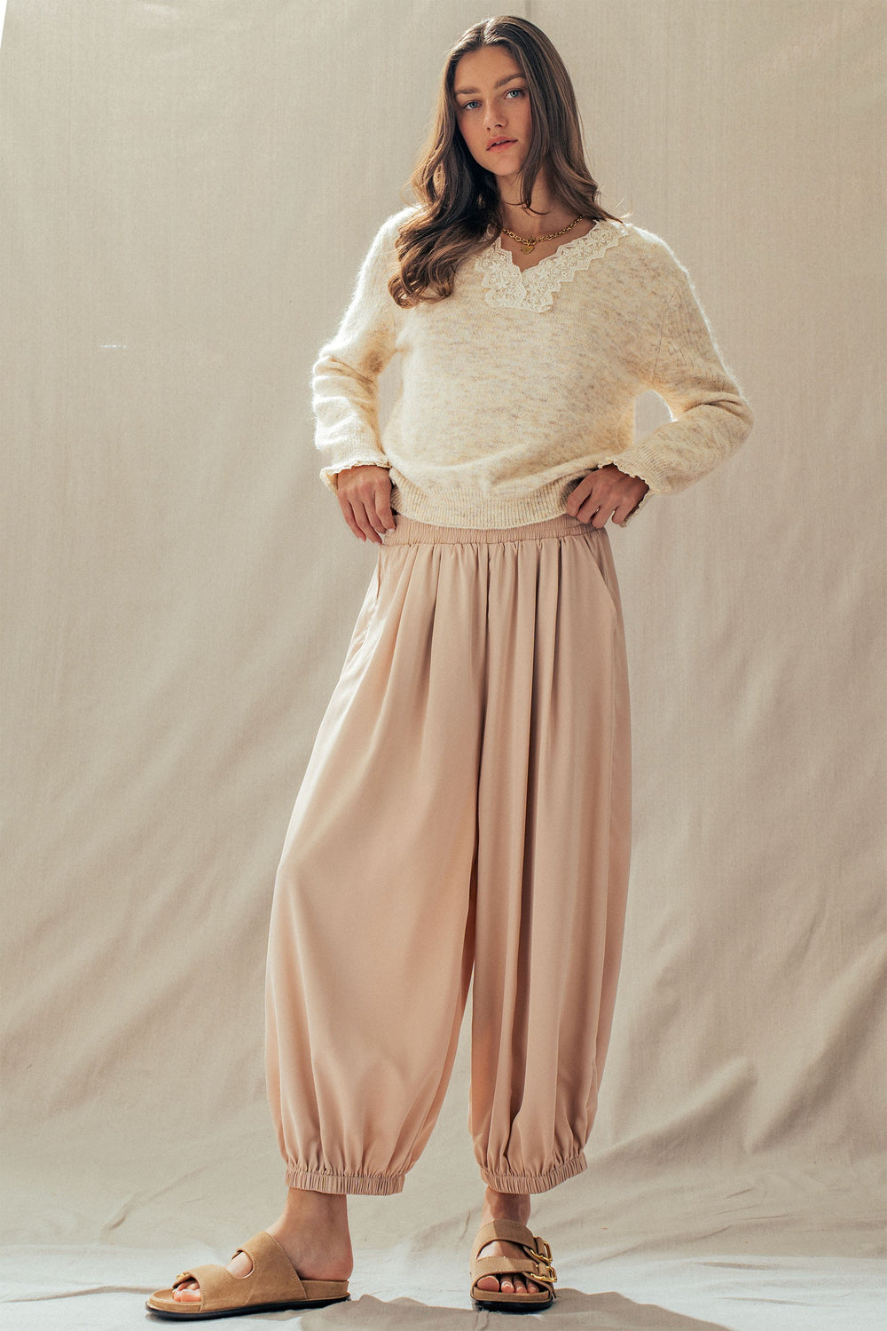 relaxed fit boho elastic waist pants - khaki (additional view)