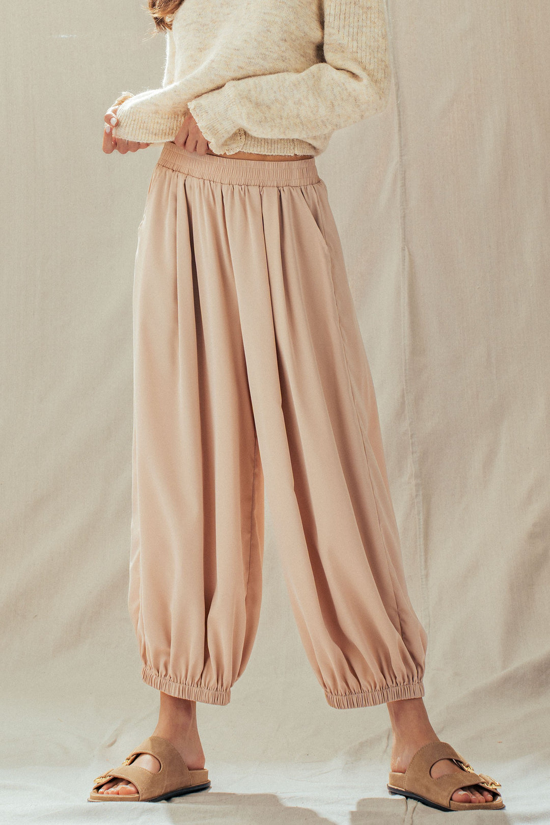 relaxed fit boho elastic waist pants - khaki (additional view)