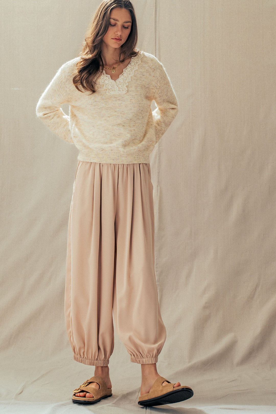 relaxed fit boho elastic waist pants - khaki (additional view)