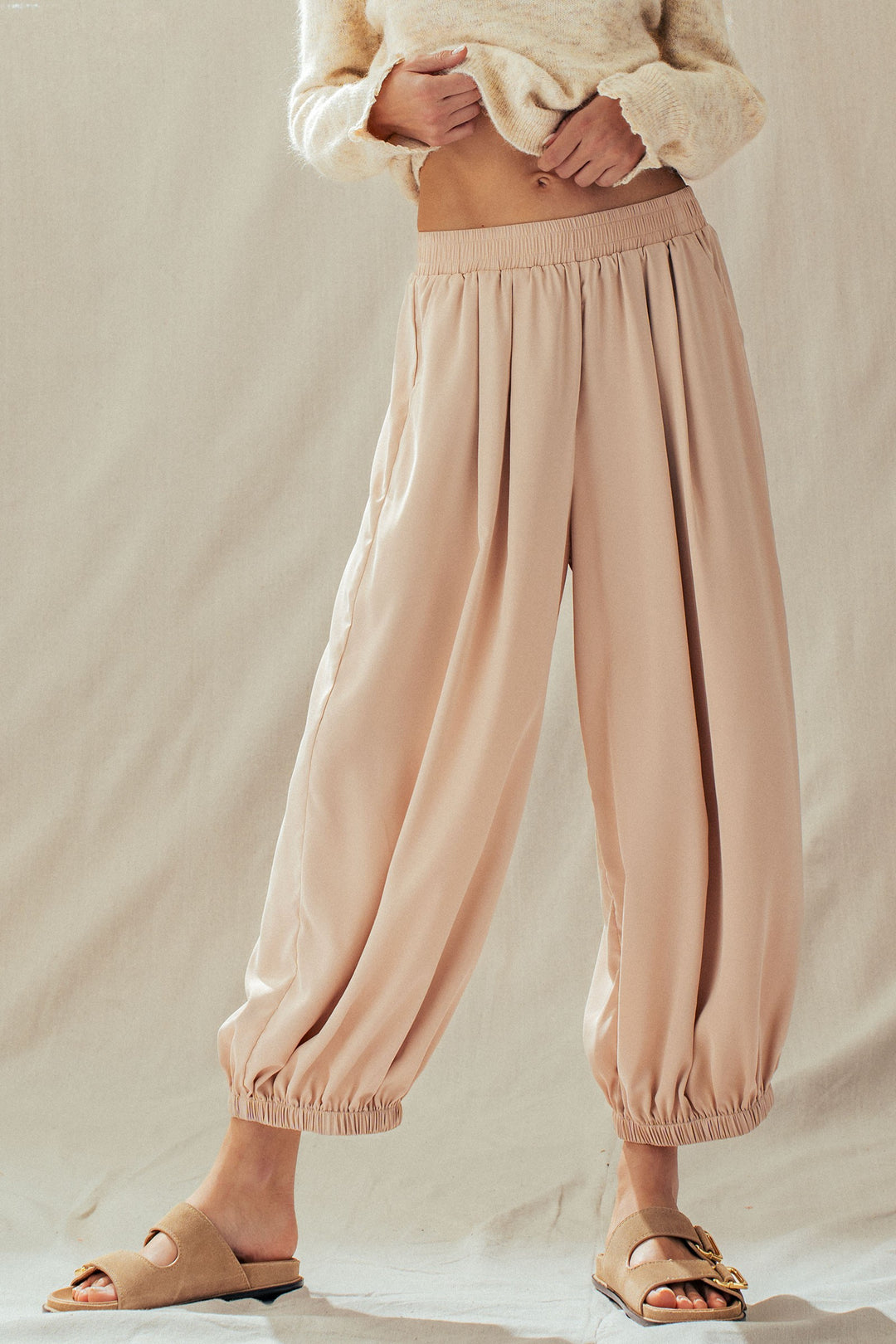 relaxed fit boho elastic waist pants - khaki (additional view)
