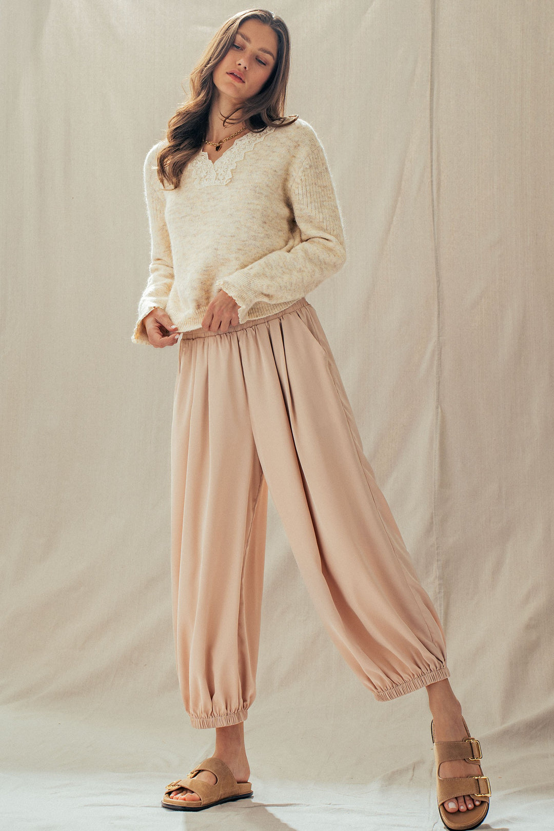 relaxed fit boho elastic waist pants - khaki (additional view)