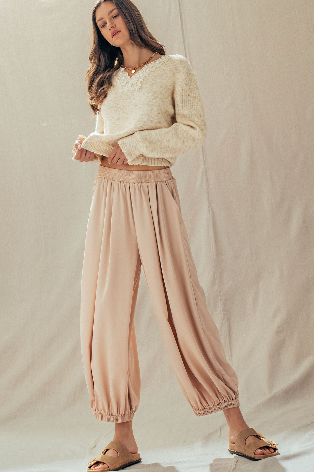 relaxed fit boho elastic waist pants - khaki (additional view)