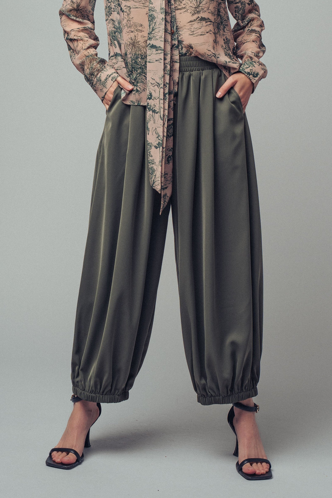 relaxed fit boho elastic waist pants - olive