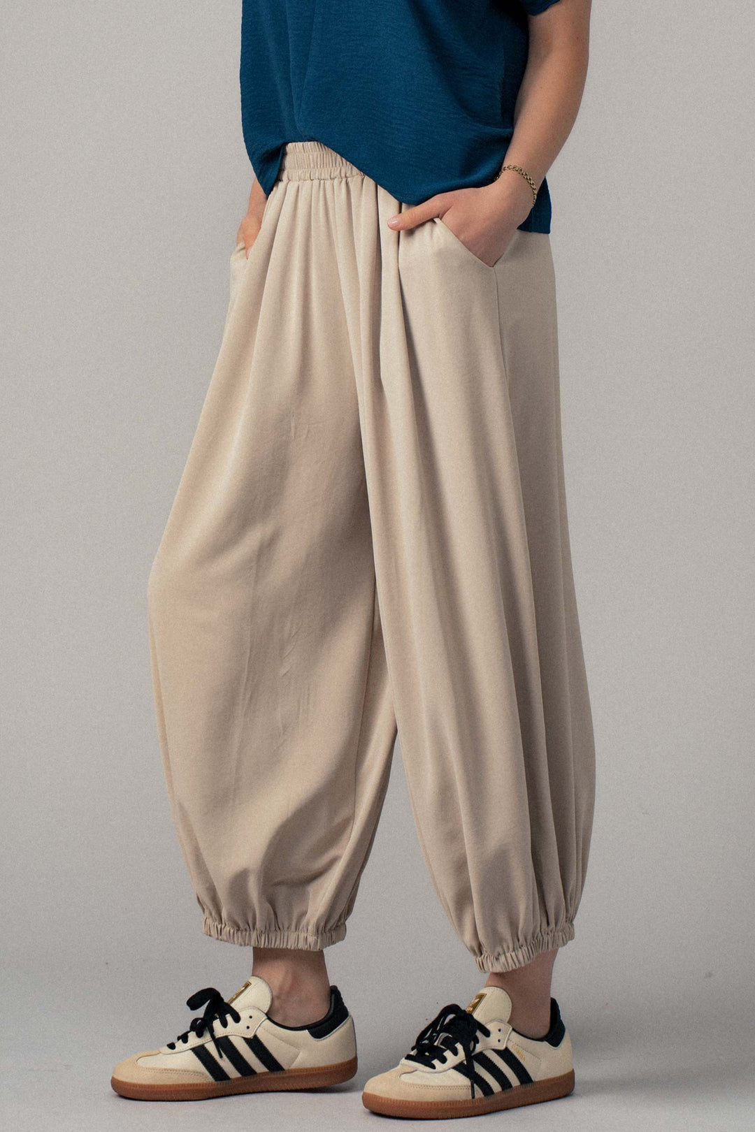 relaxed fit boho elastic waist pants - khaki