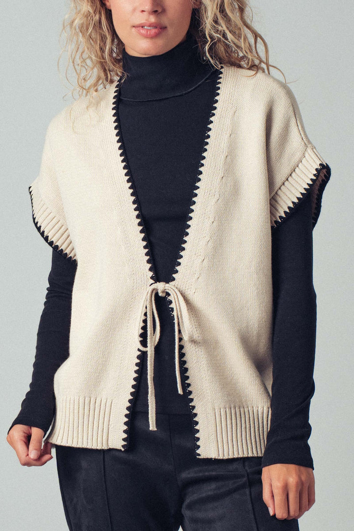 boho crochet knit vest casual top with tie front - ivory
