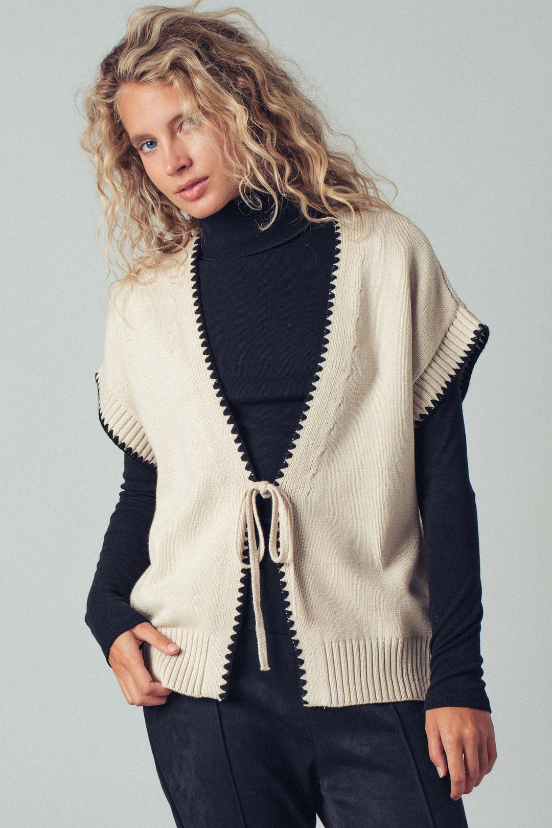 boho crochet knit vest casual top with tie front - ivory (additional view)