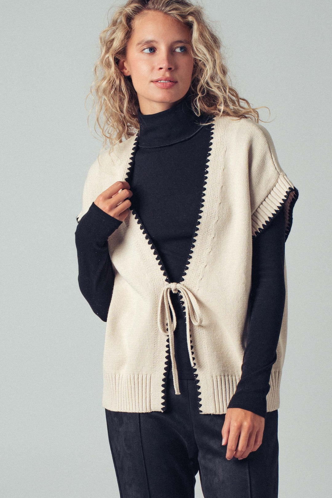 boho crochet knit vest casual top with tie front - ivory (additional view)
